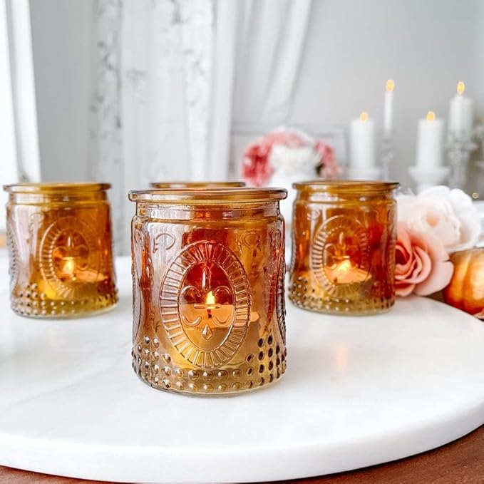 Amber Tea Light Holder - 8pcs - Vintage Glass Tealight Candle Holders by Kate Aspen, Home Décor Table Decoration Favors Gifts for Wedding, Bachelorette, Bridal Shower & Baby Shower Party