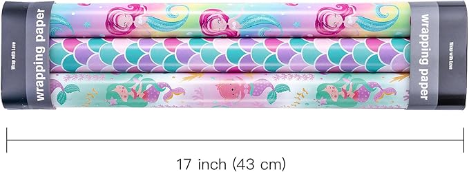 WRAPAHOLIC Mermaid Wrapping Paper Roll - 3 Short Roll - Birthday Wrapping Paper for Kids Girls Birthday, Mermaid Party, Baby Shower - 17 Inch x 120 Inch Per roll