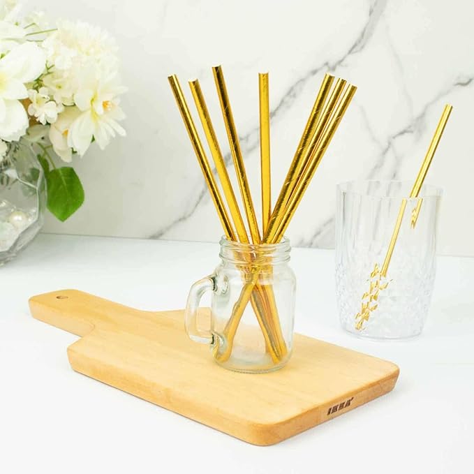 Efavormart 50 Pack 8 Inch Metallic Gold Foil Paper Drinking Straws, Food Grade Biodegradable Disposable Party Straws for Weddings & Events