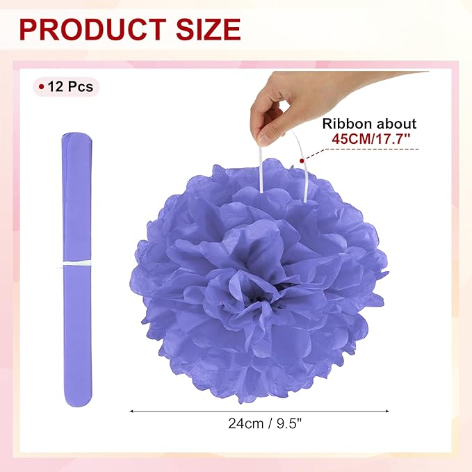 PATIKIL 10inch Tissue Paper Pom Poms, 12PCS Pom Poms Paper Flowers Ball Tissue Paper Flowers for Wedding Bridal Shower Birthday Bachelorette Party Backdrop Decoration, Purple