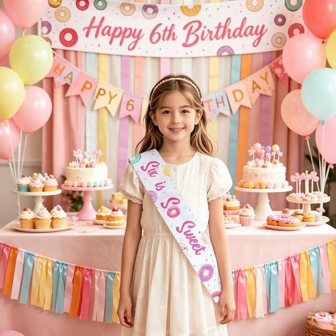 Donut 6th Birthday Party Favor Sash for Girl Six Is So Sweet Satin Sash Sweet Doughnut Theme Birthday Decoration for Birthday Girl Party Outfit Photo Prop Celebration Accessory