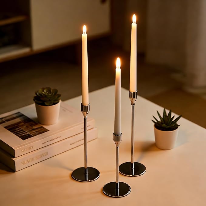 Candlestick Holders, Set of 6 Taper Silver Candle Holder Decor for Date, Festival, Wedding, Party, Dinning or Anniversary, Fit 3/4" Thick Pillar Candles & Led Candles