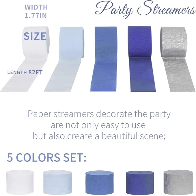 Dusty Blue Silver White Crepe Paper Streamers Baby Boy Shower Bachelorette Party Decorations(5 Rolls)- Light Baby Blue, Royal Blue Paper Crafts for Birthday Boy, Wedding,Blue White Theme Hanging Décor