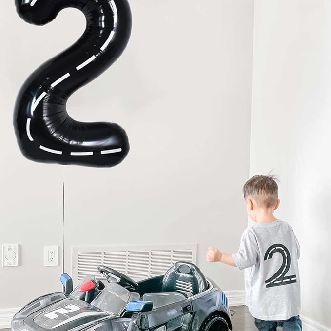 TONIFUL Race Car Black Balloons Car Birthday Party Supplies,40 Inch Giant Jumbo Helium Foil Mylar Big Number 2 Digital 2 Balloons for Boy's Birthday Party Truck Race Car Theme Party Decorations
