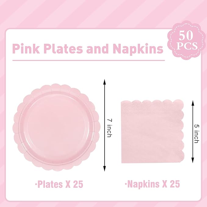 Oigco 50 Pcs Pink Plates and Napkins, Disposable Light Pink Scalloped Paper Plates & Napkins for Wedding Bridal Shower Birthday Baby Shower, Serves 25