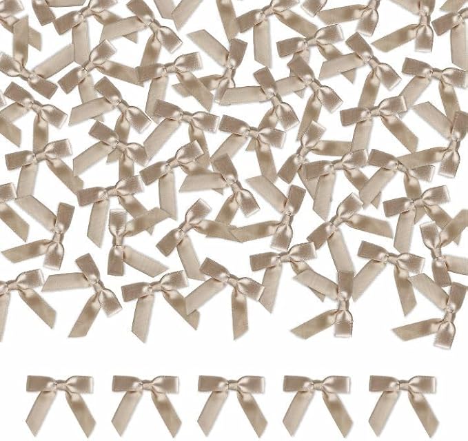 Meseey 100 Pcs 1.5 Inches Premade Craft Bows Self Adhesive Latte Satin Ribbon Bows for Treat Bags Gift Wrapping Basket Wedding Baby Shower Brithday Party(Latte)