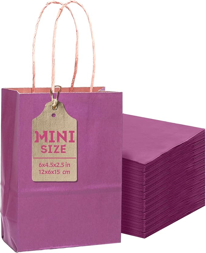 qiqee 24 Pcs Purple Mini Paper Gift Bags 6"x4.5"x2.5" with Handles Small Brown Kraft Party Favor Bags Treat Bags Multiple Uses (Mini size)