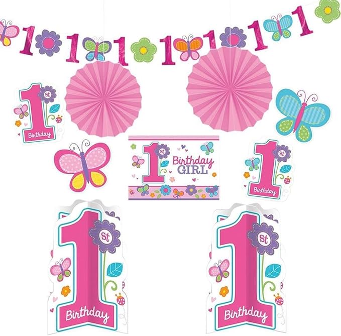 Flowers and Butterflies Girl's 1st Birthday Party Assorted Room Decorating Kit, 10-Piece, Assorted Sizes