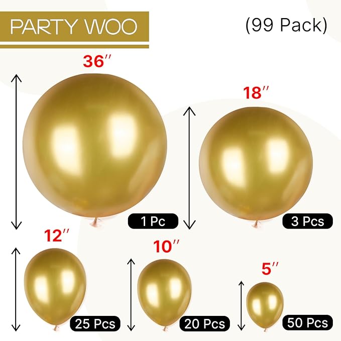 PartyWoo Gold Balloons 99pcs Different Sizes of 36 18 12 10 5 Inch Gold Balloon Arch Kit Garland for Birthday Wedding Anniversary Baby Shower Graduation Retirement Casino Party Decorations Gold-G101