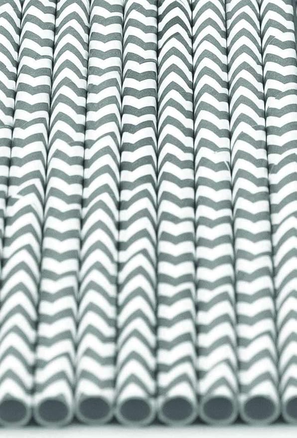 Pack of 300 Gray Chevron Biodegradable 4-Ply Paper Drinking Straws (Compostable, Non-toxic, BPA-free)