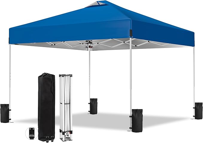 10 x 10FT Blue Pop Up Canopy Tent, Easy Setup Outdoor Portable Gazebos Shelter Sun Shade with Wheeled Carry Bag, Sandbags for Events, Party, BBQ, Backyard, Adjustable Height