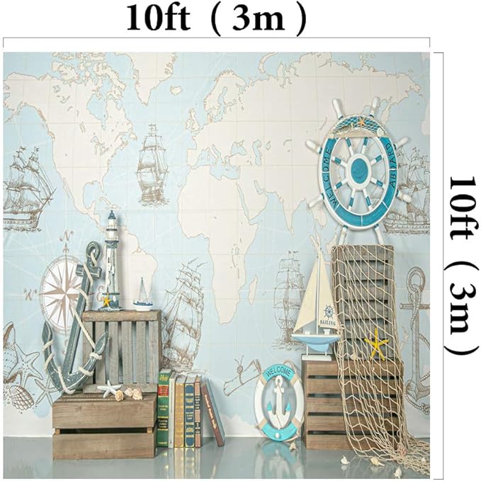 Kate 10x10ft Microfiber Summer Nautical Backdrops for Photography Rudder Helm with Anchor Background Birthday Theme Party Decoration Adults Kids Portrait Backdrop