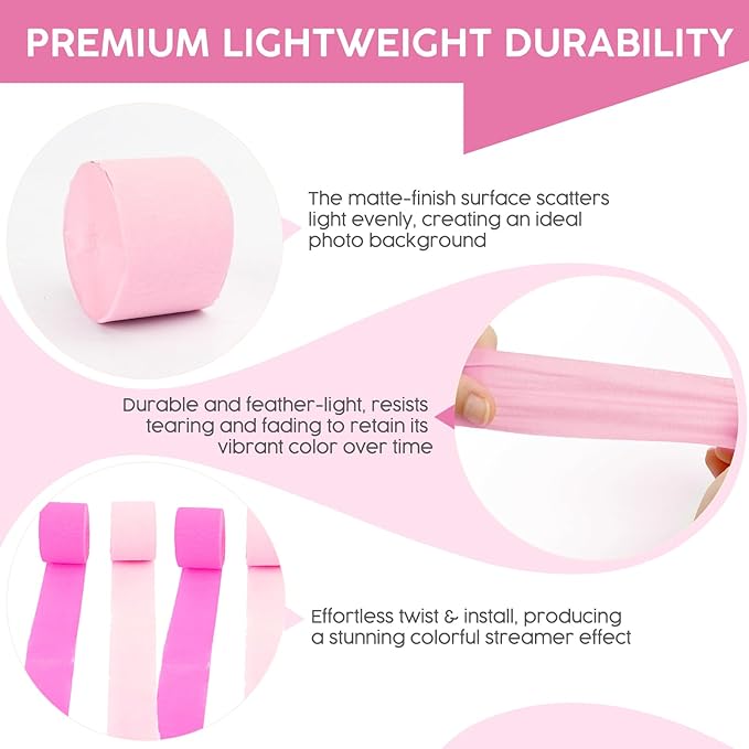 4 Rolls Crepe Paper Pink Series Streamers – Perfect for Streamers Party Decorations, Wedding, Birthday, Colored Decor, and DIY Craft Supplies(1.8 Inch x 82 Ft/Roll)