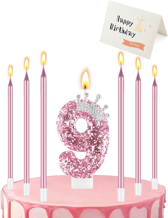 Birthday Candles for Cake, Pink Number Candles, Cake Candles with Greeting Card for Birthday Party Wedding Anniversary Celebrations (9 Candle, Silver Crown)