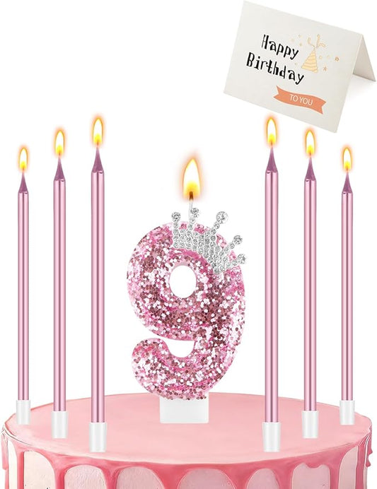 Birthday Candles for Cake, Pink Number Candles, Cake Candles with Greeting Card for Birthday Party Wedding Anniversary Celebrations (9 Candle, Silver Crown)