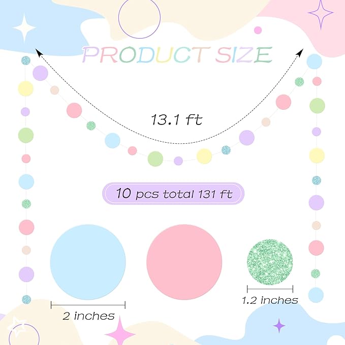 Outus 10 Pieces Colorful Circle Garland Banner Hanging Paper Dot Decorations for Classroom, Birthday Party, Baby Shower, Wedding Backdrop & Photo Booth Graduation Decor (Pastel)
