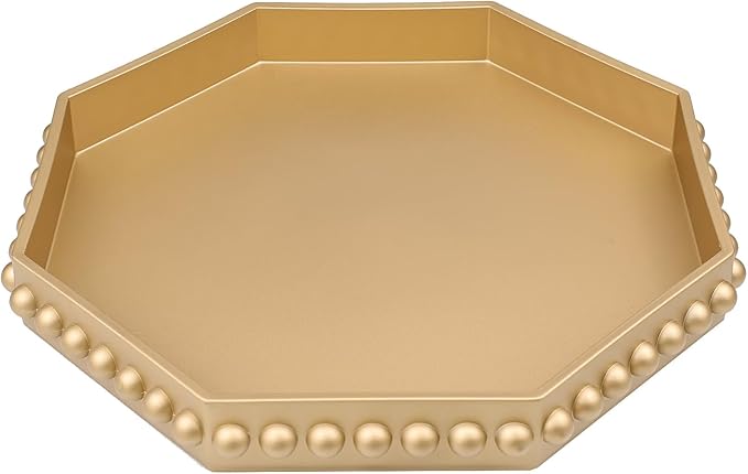 Gold Serving Tray for Coffee Table, Octagonal Beaded Plastic Decorative Tray for Ottoman, Kitchen Counter, Living Room, Outdoor Lacquer Tray for Entertaining