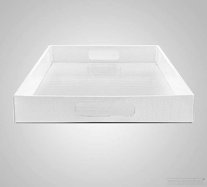 Home Redefined 17.5"x12" White Glossy Crocodile Faux Leather Serving Tray Beautiful Modern Elegant Decorative Tray with Handles Ottoman Coffee Table Perfume Display Makeup for All Occasion's