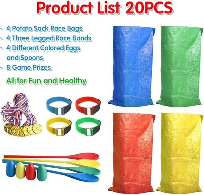 Abnaok 20PCS Outdoor Games Potato Sack Race Bag, 3-Legged Race Bands, with Egg and Spoon Race Lawn Games for Outside Backyard Field Day Birthday Party Games for Kids and Adults.