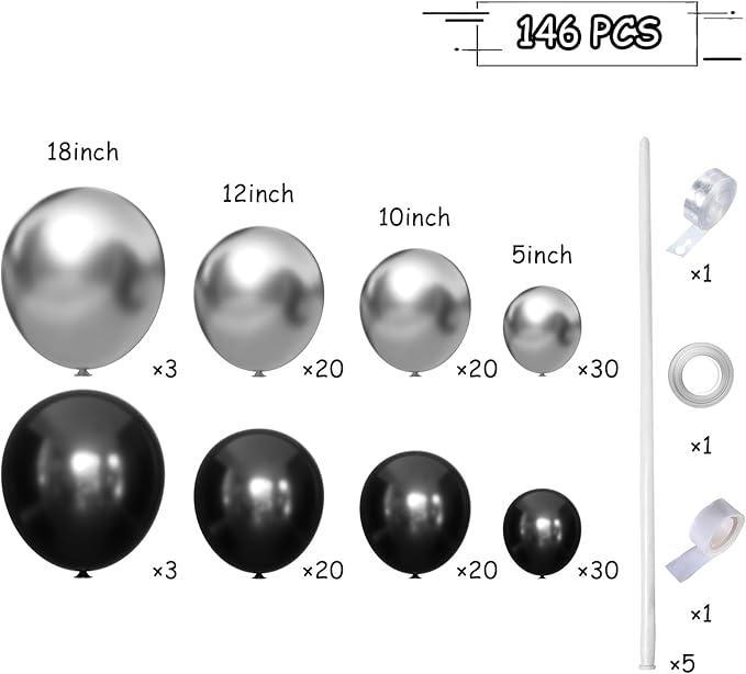 MEBAY Black Silver Balloons Garland Arch Kit, 146Pcs Latex Balloons Different Sizes 18 12 10 5 Inch for Party Decorations, Wedding Backdrop, Birthday, Graduation