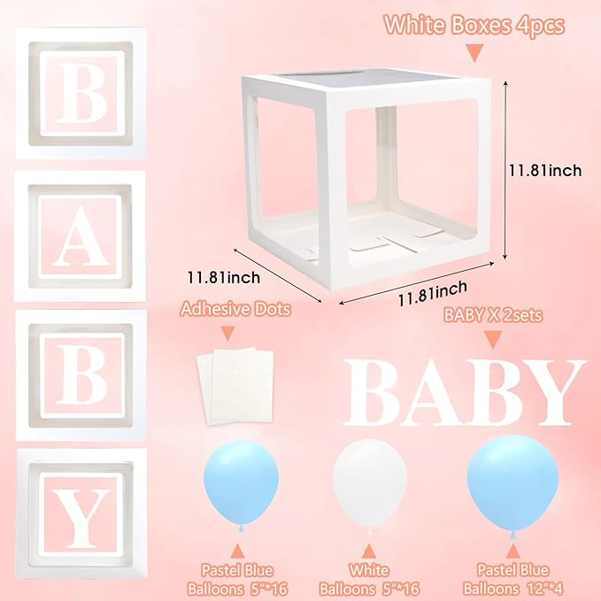Voircoloria Baby Shower Decorations, 4pcs Transparent Balloon Boxes with Letters, Blue & White, Includes 36 Balloons & Adhesive Dots