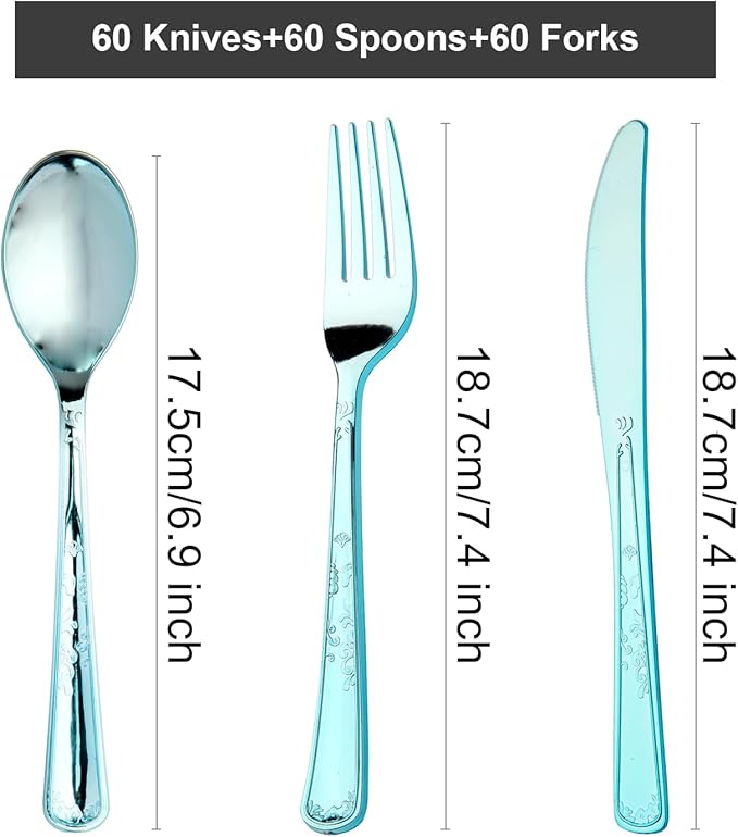 180 Pack Disposable Light Blue Plastic Silverware Contain 60 Forks,60 Spoons,60 Knives, Solid and Durable Plastic Cutlery Utensils Set Perfect for Parties,weddings.