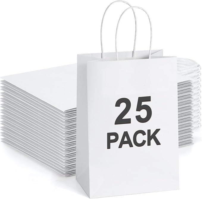 BagDream Small Gift Bags 25Pcs 5.25x3x8 Kraft White Paper Bags with Handles, for Small Gifts, Birthday, Wedding Party Favor, Retail Merchandise Paper Sacks