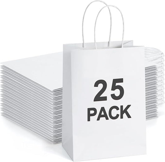BagDream Small Gift Bags 25Pcs 5.25x3x8 Kraft White Paper Bags with Handles, for Small Gifts, Birthday, Wedding Party Favor, Retail Merchandise Paper Sacks