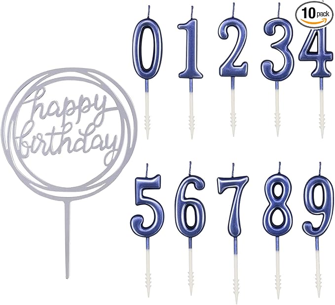 10-Piece Number Candles - Glitter Cake Toppers, Wedding & Birthday Cake Candles, Blue & Number 0-9