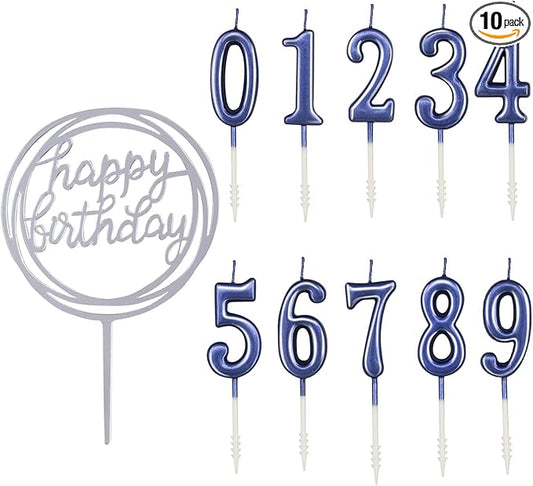 10-Piece Number Candles - Glitter Cake Toppers, Wedding & Birthday Cake Candles, Blue & Number 0-9