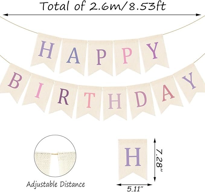 Doumeny Happy Birthday Burlap Banner Boho Birthday Garland Bunting Purple Pink Bohemian Party Hanging Banner White Happy Birthday Sign Flag Colorful Birthdays Bunting Garland for Home Mantel Fireplace