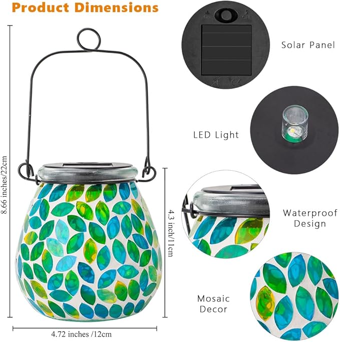 Starsoul Solar Lanterns Outdoor Waterproof, Unique Green Mosaic Glass Solar Garden Lights, Decorative Outdoor Lantern for Outside Patio Pathway Porch Yard Table