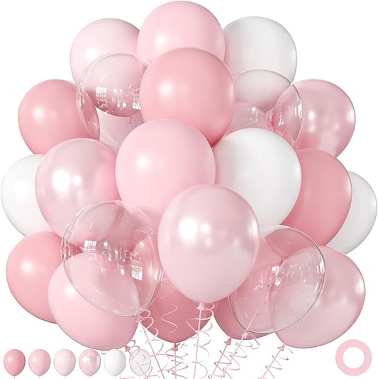 Pearl Pink Balloons, 60Pcs 12Inch Pink and White Balloons Including Double Stuffed Pink Pastel Macaron Light Pink White Clear Balloons for Wedding Bridal Shower Baby Shower Birthday Party Decorations