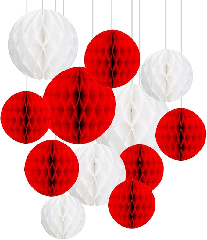 ZOOYOO 12Pcs 6" 10" Honeycomb Balls Decorations Hanging Tissue Paper Pom Poms for Birthday Party Valentine's Day Wedding Mothers Day Decorations(Red White)