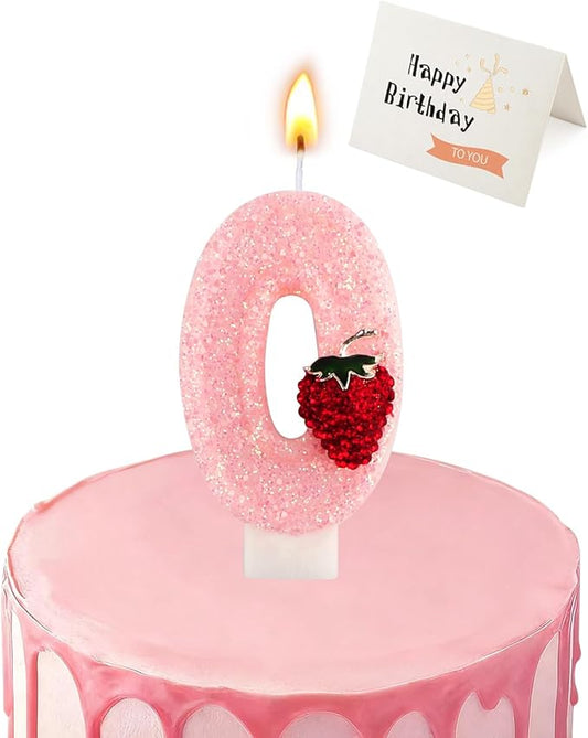 Birthday Candles for Cake, Pink Number Candles, Cake Candles with Greeting Card for Birthday Party Wedding Anniversary Celebrations (Strawberry 0 Candle)