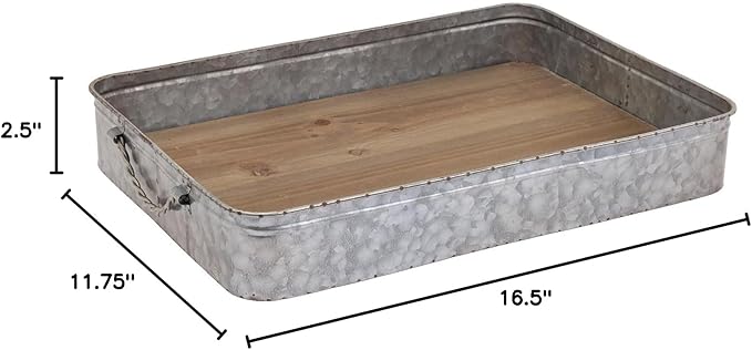 Boston International Rectangle Tray |Galvanized Decorative Serving Board, Drink Service, 16.5" x 11.75", Wood & Metal
