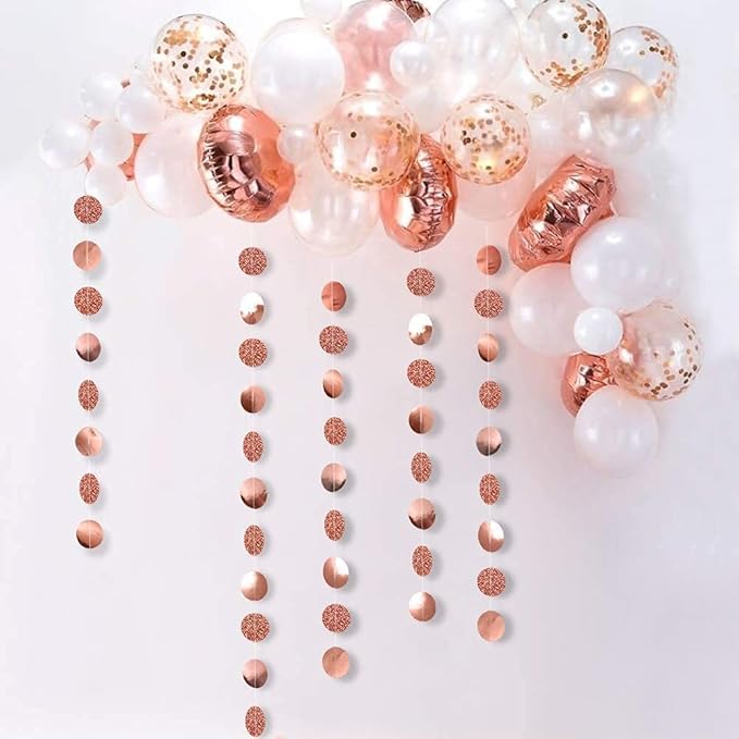 Decor365 Rose Gold Glitter Dot Garland Birthday Party Decorations Circle Streamers Banner Backdrop for Weddings Baby Showers Bridal Showers Gender Reveals Engagements Graduation Parties Decor
