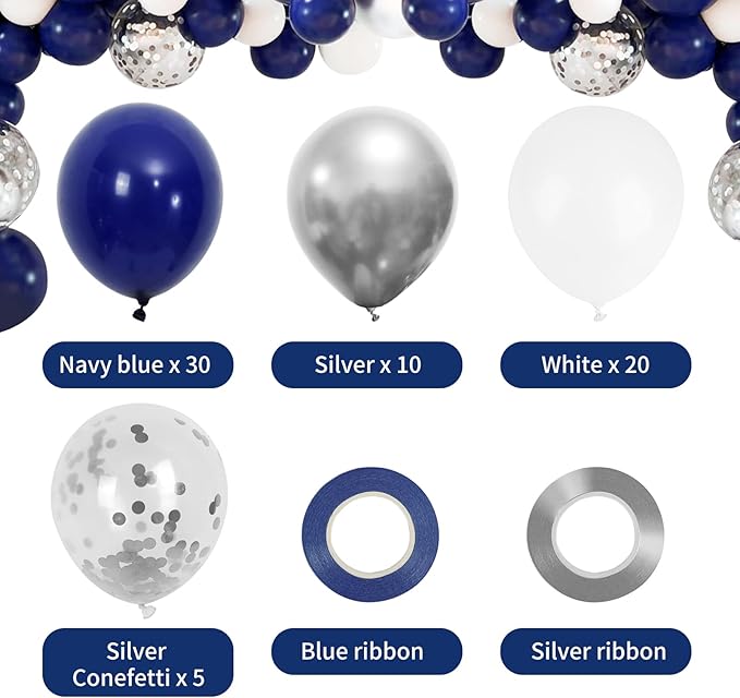 RUBFAC 65pcs Navy Blue Silver Balloons, 12 Inches Navy Blue White Metallic Silver Chrome Party Balloons with Ribbons for Birthday, Wedding, Graduation Cowboys Decorations
