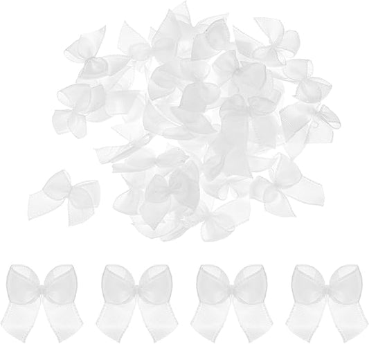 MECCANIXITY 50Pcs Mini Ribbon Bow 1" Mini Fabric Satin Ribbon Flower Bows for Craft DIY Sewing Wedding Birthday Party Gift Wrap Bows Wood White