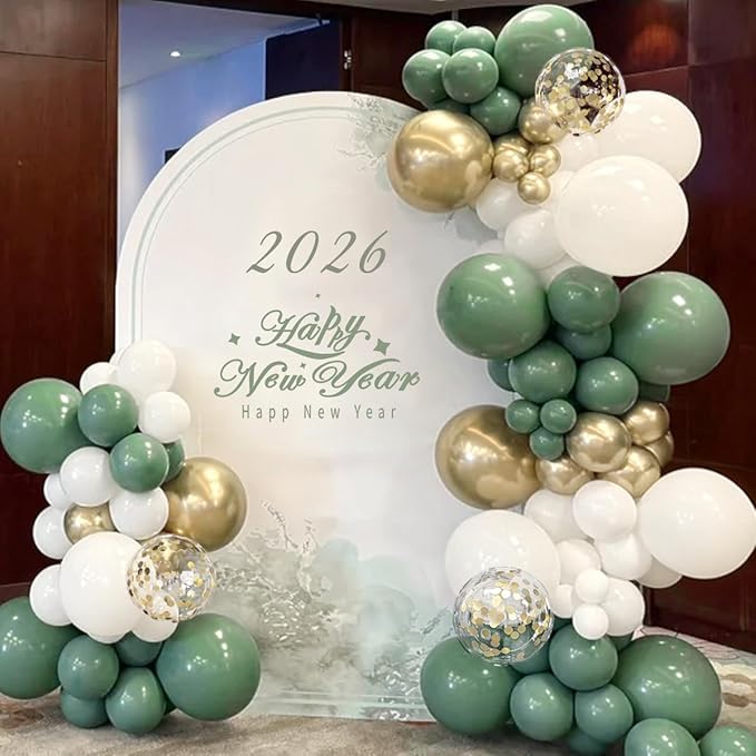 MEBAY 155Pcs Sage Green White Gold Balloon Garland Arch Kit with Gold Confetti Balloons for Graduation Baby Shower Decor Happy Birthday Party Wedding Jungle Decorations