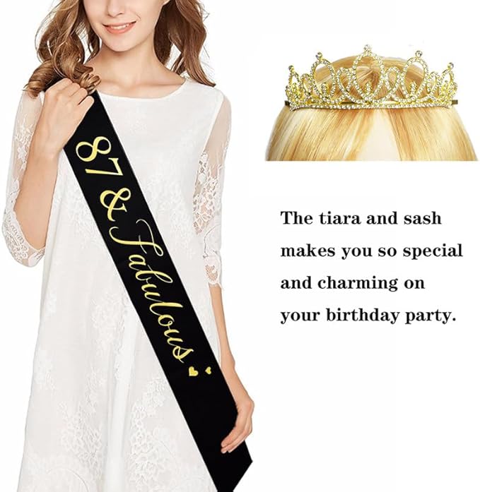 Mayin Happy 87th Birthday Tiara and Sash Gifts Crystal Rhinestone Princess Crown Birthday Women Party Favor Supplies Gold Crowns Black Sash