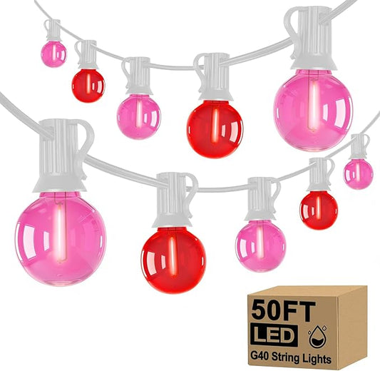G40 LED Valentine’s Day String Lights, 50Ft Valentines Decorations Lights Outdoor with Clear Red Pink Round Bulbs, Hanging Patio Lights Shatterproof for Indoor Home Decor Wedding Party, White Wire