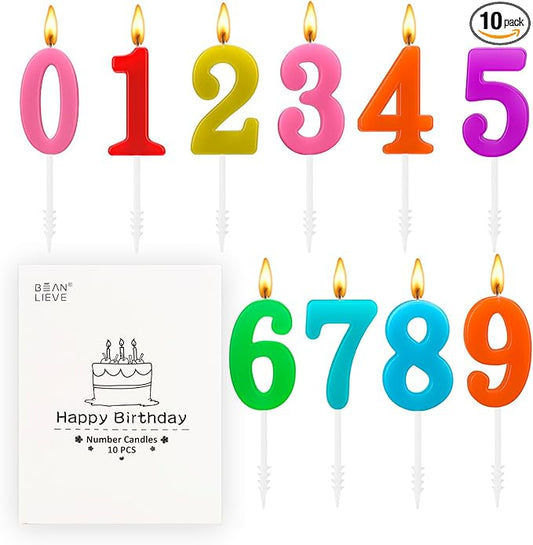 Beanlieve 10-Pieces Numeral Birthday Candles - Cake Numeral Candles Number 0-9 Glitter Cake Topper Decoration for Birthday,Wedding Anniversary,Party Celebration (Colourful)