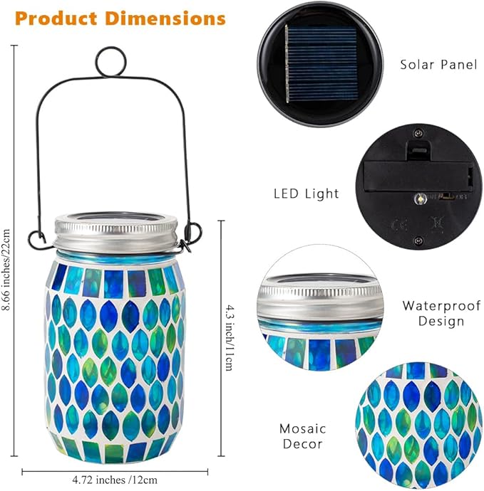 Starsoul 4 Pack Solar Lanterns Outdoor Waterproof, Decorative Teal Mosaic Glass Outdoor Lantern, Hanging Solar Garden Lights for Outside Pathway Patio Porch Yard Table, Gifts for Women Mom Grandma