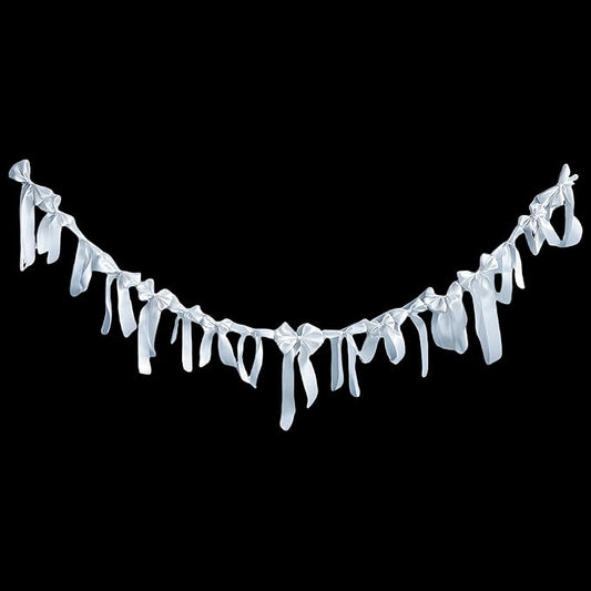 White Satin Bow Garland Banner Coquette Bachelorette Party Decor,Bridal Shower Backdrop,Wedding & Engagement Party Supplies,Birthday Decoration,Photo Booth Props(White)