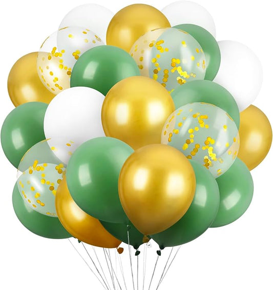 60PCS Green and Gold Balloons,GAGAKU 12 Inch Latex Confetti Balloons, Metallic Green Glod Latex Balloons with White, Party Balloons for Women Kids Birthday Wedding Bride Bachelorette Retirement