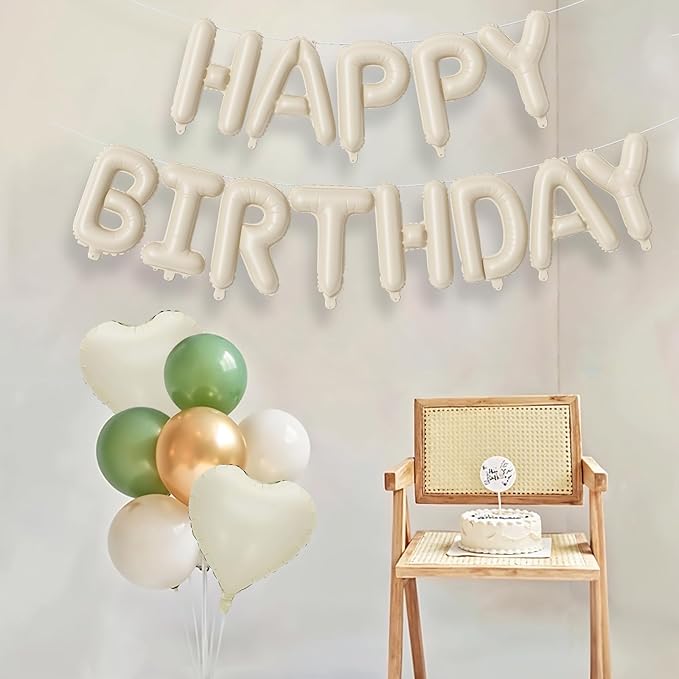 Happy Birthday Balloon Banner Cream Green, 16 Inch Beige Mylar Letters Heart Foil Balloons Sage Olive Green Ivory Metallic Gold Balloons Boho Neutral Birthday Decorations for Girls Women Boy Men