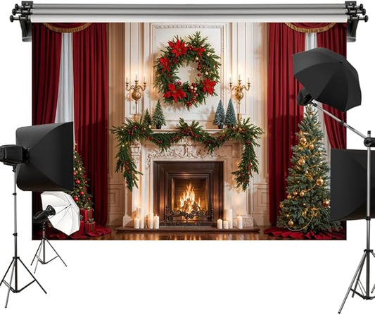 Kate 8x8ft/2.5x2.5m Christmas Backdrop Fireplace Xmas Tree Wreath Interior Decoration Photo Background Photography Studio Props