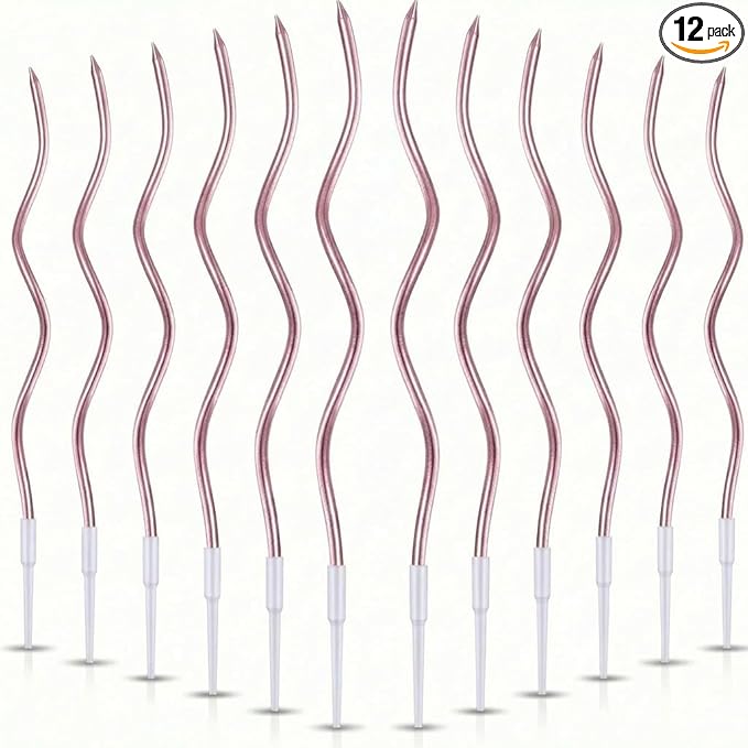 12-Count Spiral Birthday Candles, Long Twisty Party Candles with Candle Holders, Long Burning for Weddings, Birthdays, Party Decorations, Cupcakes, Anniversary and Meetups (Rose Gold)