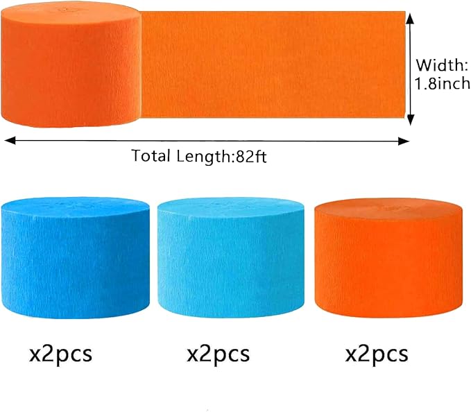 Blue and Orange Crepe Paper Streamers - 6 Rolls Party Streamers for Birthday Blue Orange Party Decorations